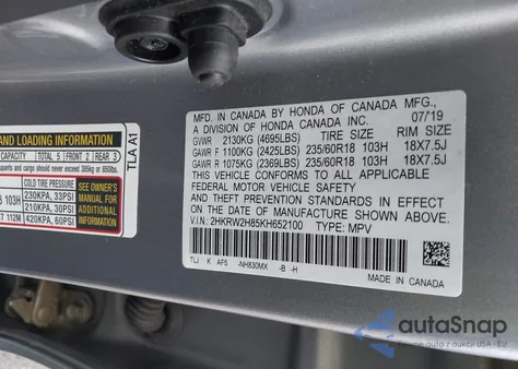 2019 Honda Cr-V Ex-L from USA, damaged, VIN 2HKRW2H85KH652100